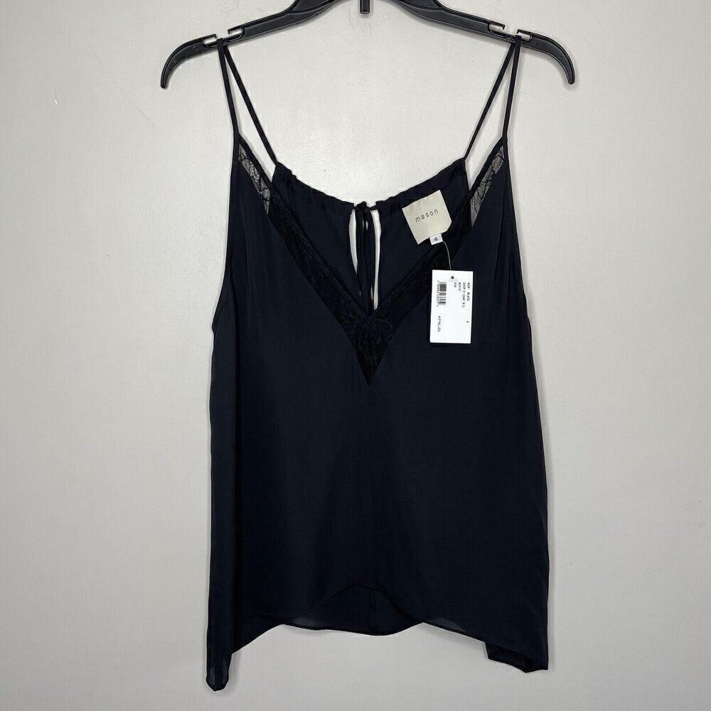 MASON Silk Cami Womens 4 Black Sleeveless Tank NEW Lace Trim Rear Tie Deep-V